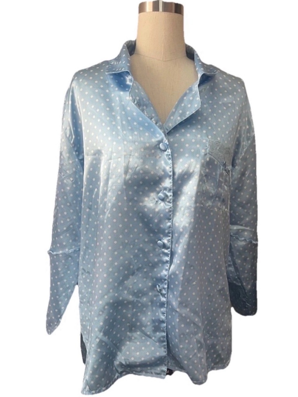 Robert Louis Wines Blue Polka Dot Pajama TOP Size Large Silk Blend Lace Dainty